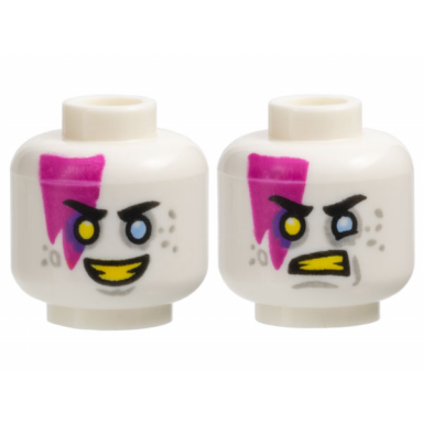 white minifigure head dual sided black eyebrows magenta marking light bluish gray spots bright light blue eye left yellow eye right and teeth smile scowl pattern