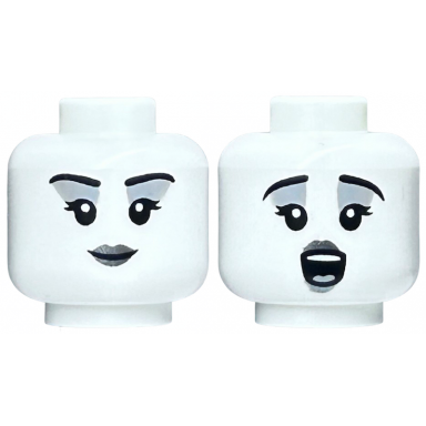white minifigure head dual sided female black eyebrows eyelashes light bluish gray eye shadow dark silver lips open mouth singing closed mouth smile pattern