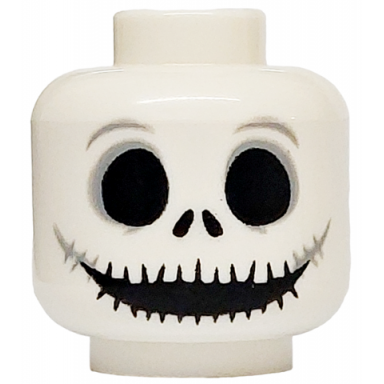 white minifigure head skull large black eyes nostrils and very wide mouth with light bluish gray ends pattern