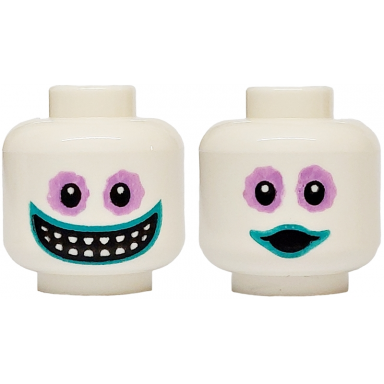 white minifigure head dual sided alien medium lavender sunken eyes dark turquoise lips wide grin with pointed teeth surprised open mouth pattern