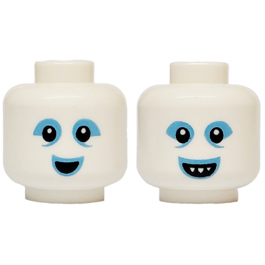 white minifigure head dual sided alien black eyes medium blue eye shadow open mouth smile with pointed teeth pattern