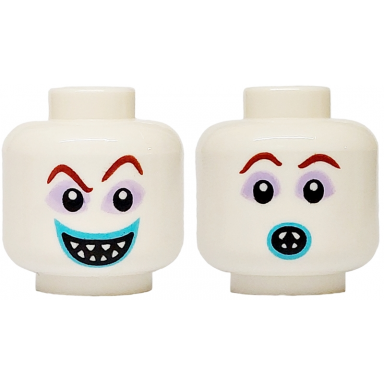 white minifigure head dual sided alien dark red eyebrows lavender sunken eyes medium azure lips grin with pointed teeth surprised open mouth pattern