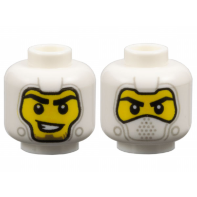 white minifigure head dual sided balaclava with light bluish gray details yellow face black eyebrows lopsided open mouth smile with teeth covered mouth pattern