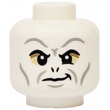 white minifigure head alien with hp voldemort black eyebrows and nostrils light bluish gray wrinkles dark tan and tan eye shadow smirk pattern
