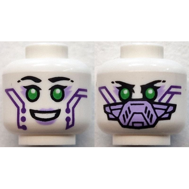 white minifigure head dual sided alien female robot with black eyebrows single eyelashes bright green eyes lavender eye shadow and lips dark purple circuitry open mouth smile face mask pattern