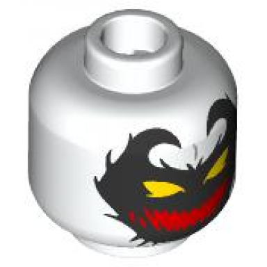 white minifigure head alien with black face with tendrils yellow eyes wide red open mouth smile with sharp teeth pattern