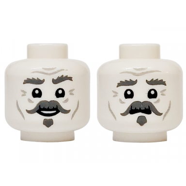 white minifigure head dual sided dark bluish gray bushy eyebrows left raised handlebar moustache and soul patch light bluish gray wrinkles cheek lines and forehead creases lower eyelids open mouth smile worried expression pattern