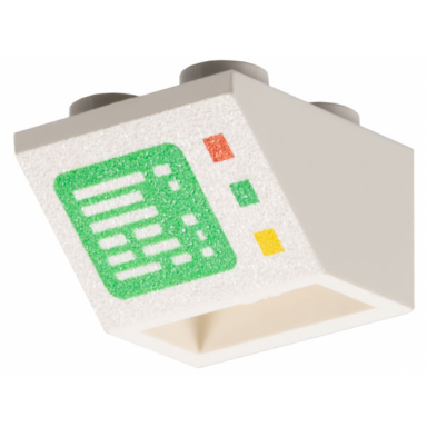 white slope inverted 45 2 x 2 with flat bottom pin with green computer screen on white background red green and yellow buttons on right side pattern