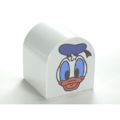 white duplo brick 2 x 2 x 2 slope curved double with donald duck pattern