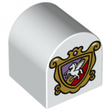 white duplo brick 2 x 2 x 2 slope curved double with coat of arms flying horse pattern