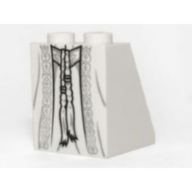 white slope 65 2 x 2 x 2 with bottom tube with minifigure dress skirt robe ornate silver fabric belt and tassels pattern