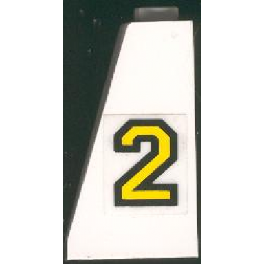 white slope 75 2 x 2 x 3 - hollow studs with yellow number 2 with black outline pattern model left side sticker - set 6483
