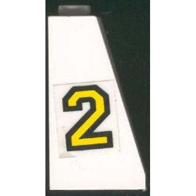 white slope 75 2 x 2 x 3 - hollow studs with yellow number 2 with black outline pattern model right side sticker - set 6483