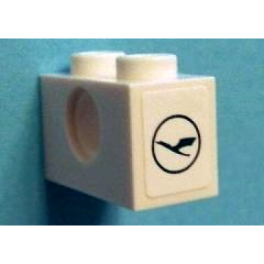 white technic brick 1 x 2 with hole and lufthansa logo pattern on both ends stickers - set 40146