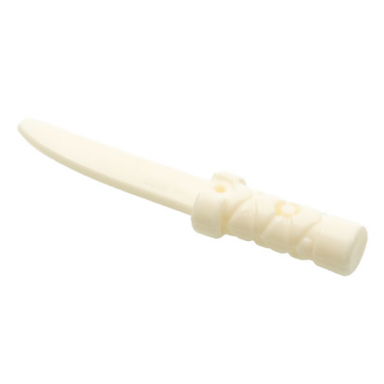 white minifigure weapon knife with flat hilt end and curved blade cross hatched grip
