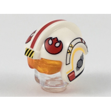 white minifigure headgear helmet sw rebel pilot with molded trans-orange visor and printed red stripe and rebel logos pattern luke skywalker