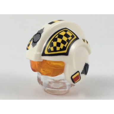 white minifigure headgear helmet sw rebel pilot with molded trans-orange visor and printed black and yellow checkered pattern biggs darklighter