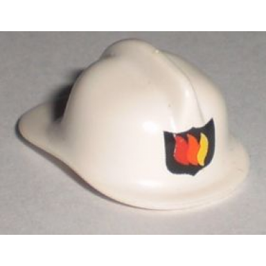 white minifigure headgear fire helmet with fire logo badge pattern