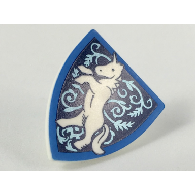white minifigure shield triangular short with medium blue border white rearing unicorn metallic light blue filigree pattern