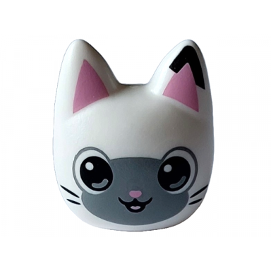 white mini doll head modified cat narrow with bright pink ears nose and tongue dark bluish gray face black eyes and whiskers pattern