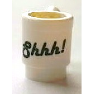 white minifigure utensil cup with black shhh! pattern
