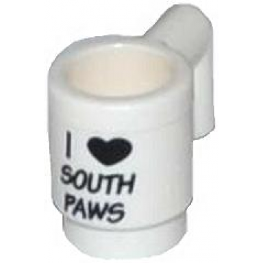 white minifigure utensil cup with black i heart south paws pattern