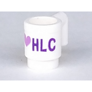 white minifigure utensil cup with dark purple and medium lavender i heart hlc pattern