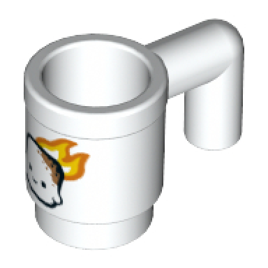 white minifigure utensil cup with toasted marshmallow with face and orange and yellow flames pattern