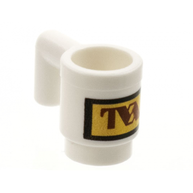 white minifigure utensil cup with reddish brown tva logo on gold rectangle pattern