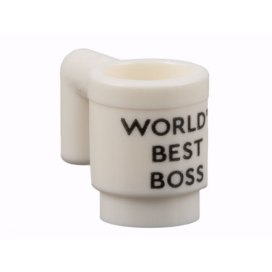 white minifigure utensil cup with black worlds best boss pattern