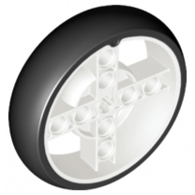 white wheel 56 x 14 technic with axle hole and 8 pin holes with molded black hard rubber tire pattern