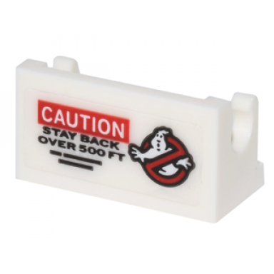white hinge brick 1 x 2 base with ghostbusters logo caution and stay back over 500 ft pattern sticker - set 75828