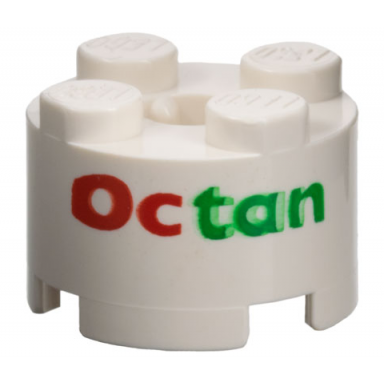 white brick round 2 x 2 with axle hole with red and green octan pattern