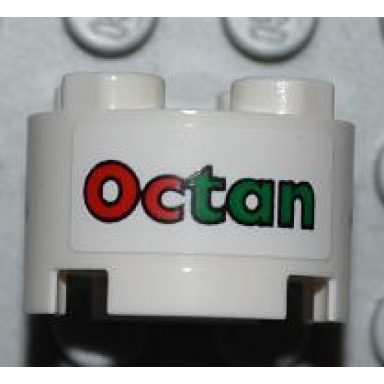 white brick round 2 x 2 with axle hole with octan with black border pattern sticker - sets 4645 7686