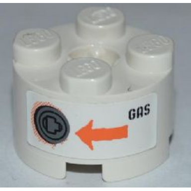 white brick round 2 x 2 with axle hole with filler cap orange arrow and black gas pattern sticker - set 8958
