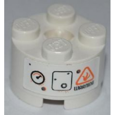 white brick round 2 x 2 with axle hole with gauge bolted panel and black warning pattern sticker - set 8958