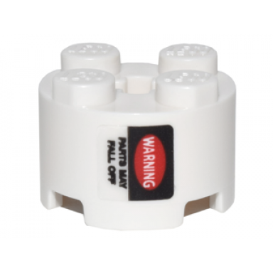 white brick round 2 x 2 with axle hole with white warning in red oval and black parts may fall off pattern sticker - set 75828