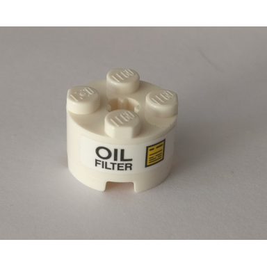 white brick round 2 x 2 with axle hole with oil filter and yellow sign pattern sticker - set 42082