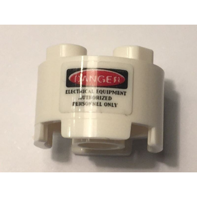 white brick round 2 x 2 with axle hole with danger and electrical equipment authorized personnel only pattern sticker - set 10274