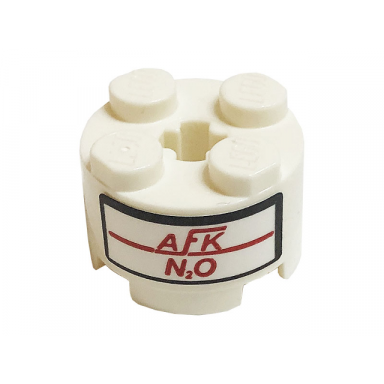 white brick round 2 x 2 with axle hole with red afk and n2o pattern sticker - set 10265