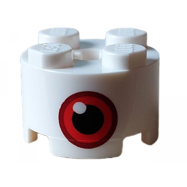 white brick round 2 x 2 with axle hole with red and black eye with white dot pattern