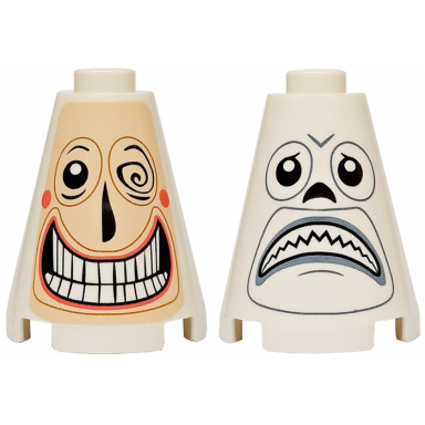 cone 2 x 2 x 2 - open stud with light nougat face coral cheeks black eyes and nose open mouth grin with teeth winking sad frown with light bluish gray lips pattern