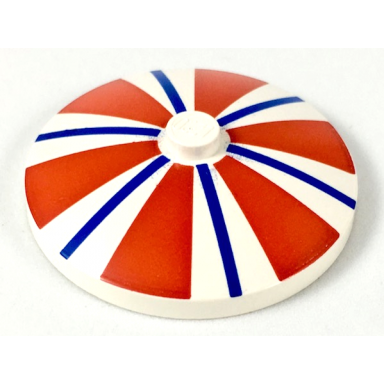 white dish 4 x 4 inverted radar with solid stud with thick red and thin blue radiating stripes pattern