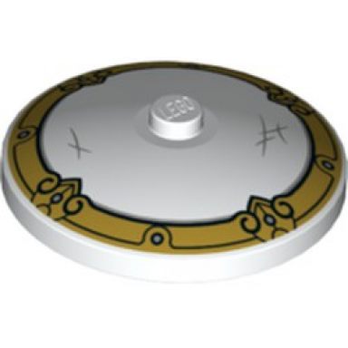 white dish 4 x 4 inverted radar with solid stud with light bluish gray scratches and gold decorative border pattern