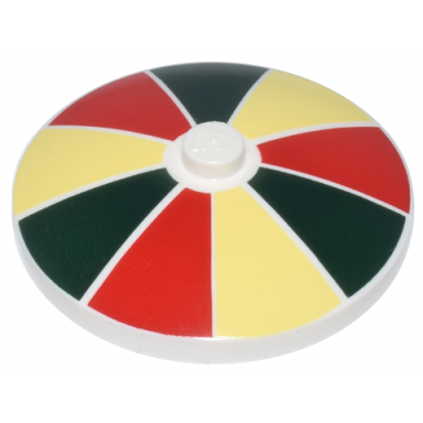 white dish 4 x 4 inverted radar with solid stud with dark green red and bright light yellow stripes pattern