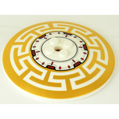 white dish 8 x 8 inverted radar with machinery and gold geometric pattern