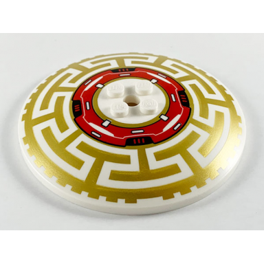 white dish 8 x 8 inverted radar with red machinery and gold geometric pattern