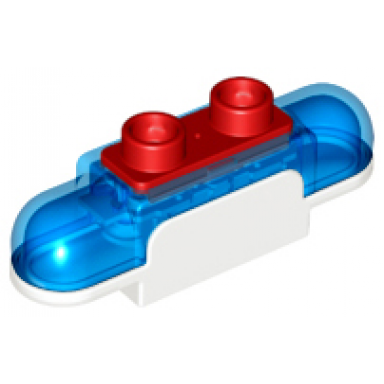 white duplo siren with light and sound 1 x 2 base with trans-dark blue lights curved edges and red 2 stud button on top