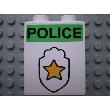 white duplo brick 1 x 2 x 2 with star badge and police on top pattern