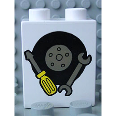 white duplo brick 1 x 2 x 2 with black tire with wheel screwdriver with yellow handle dark gray wrench pattern